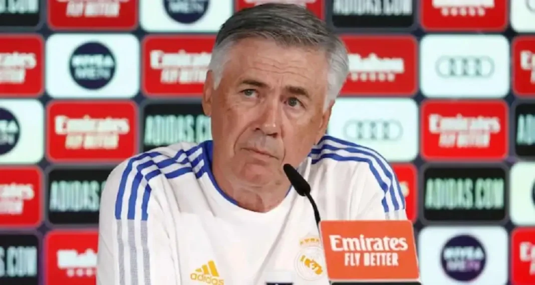 Carlo Ancelotti, entraineur du Real Madrid, en confÃ©rence de presse =