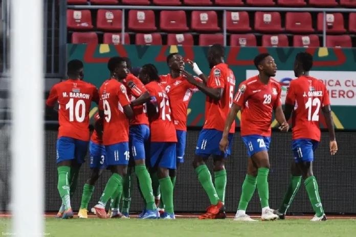 Les joueurs gambiens cÃ©lÃ¨brent leur victoire face Ã  la Mauritanie lors de la CAN 2022